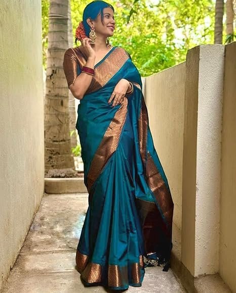 SWORNOF Womens Kanjivaram Silk Saree with Zari Woven Saree With Blouse Piece - Image 3